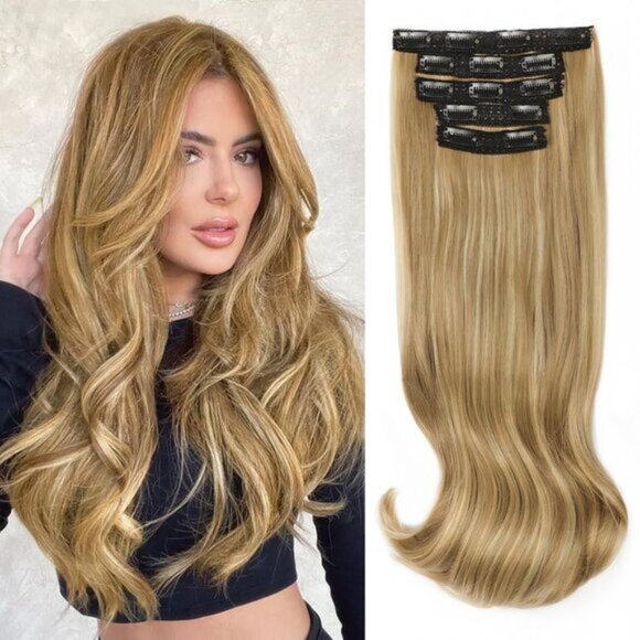 New 20 Inch Clip-in Hair Extensions, Medium Blonde with Highlights, Lace Weft - Picture 1 of 6